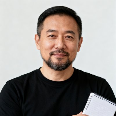 探球网内容总监李浩的头像照片，一位38岁左右的男性，留着短胡须，穿着黑色T恤，手持笔记本